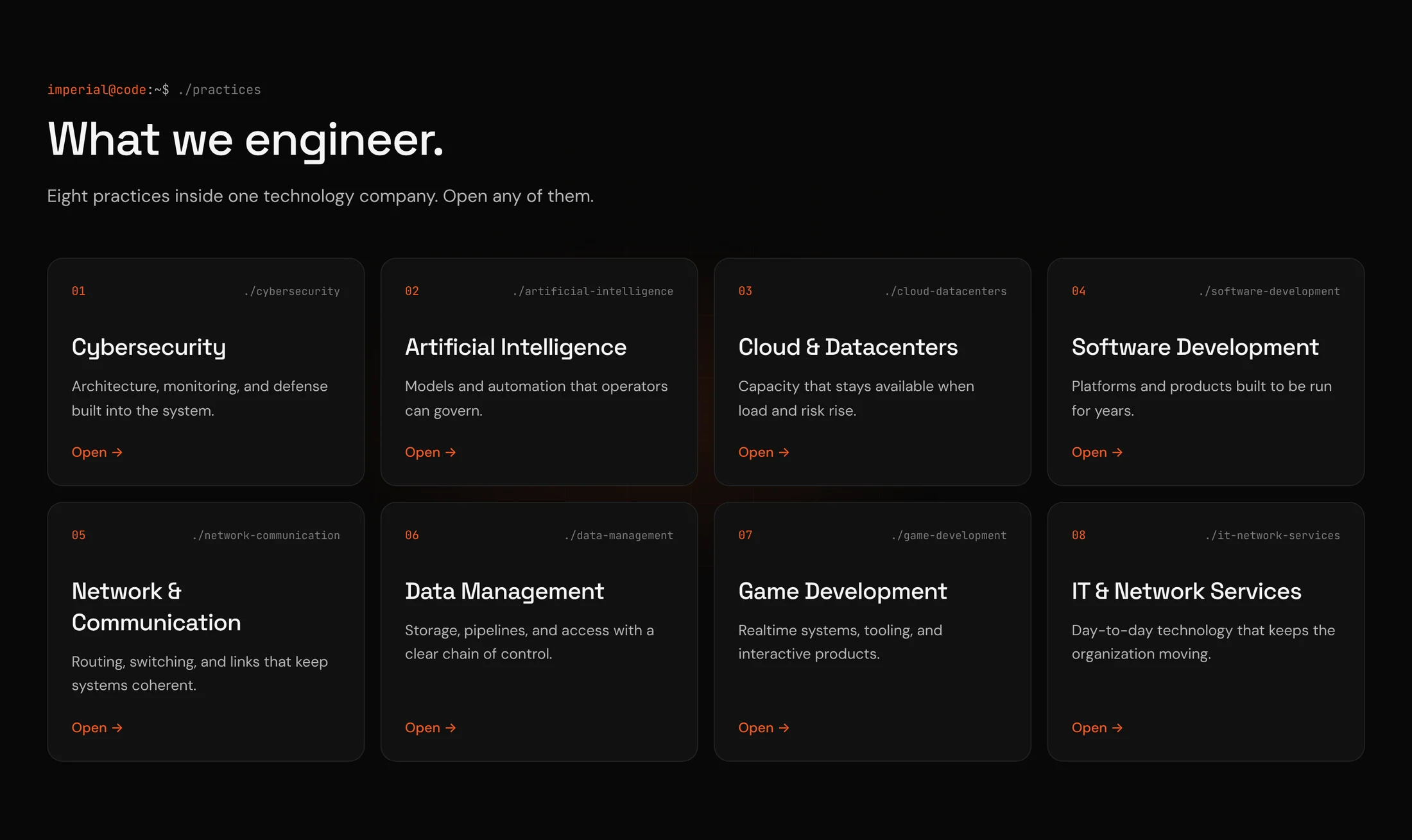What we engineer: eight numbered cards, each with a command, a name and one sentence