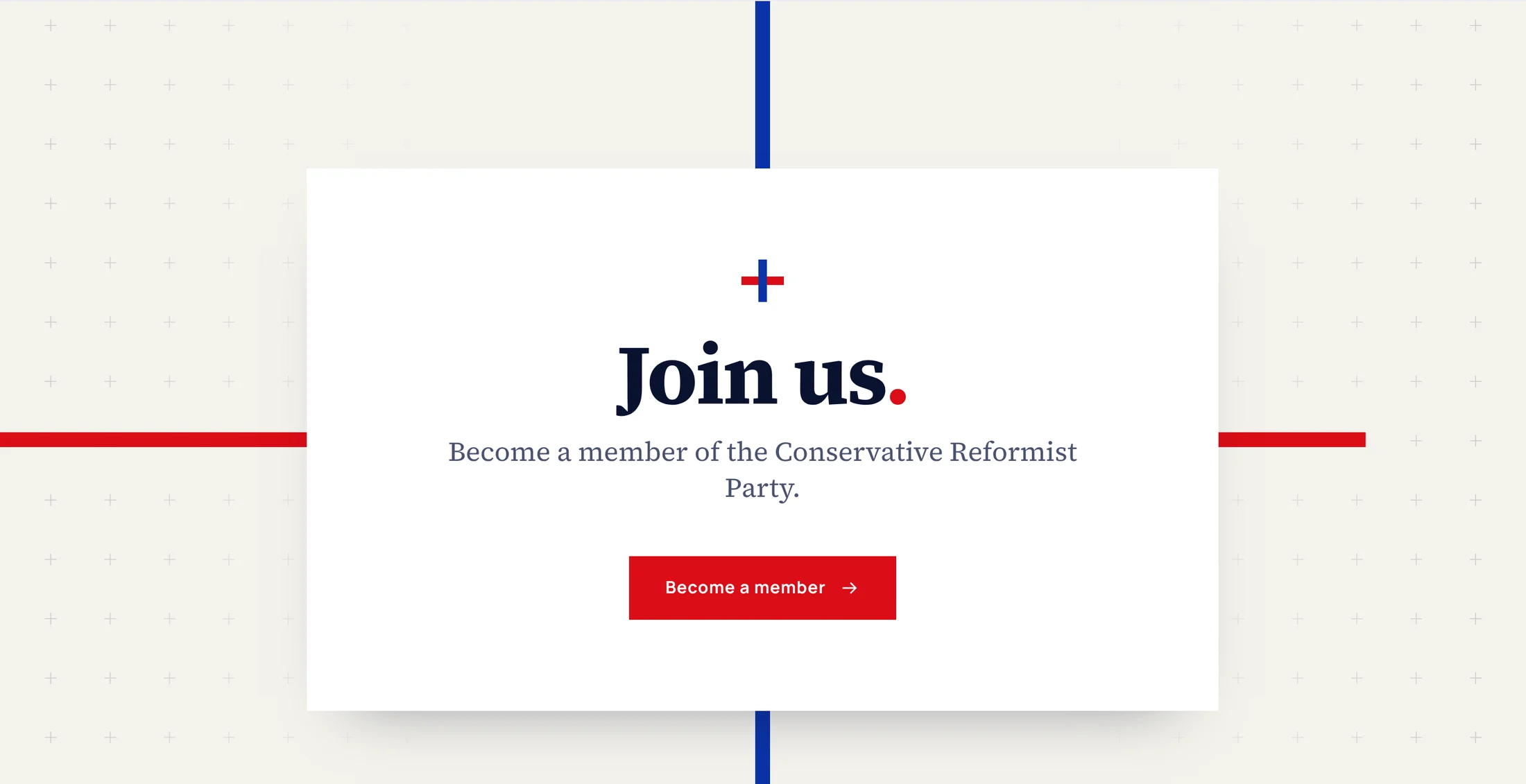 The call to join: a white card placed where a red line and a blue line cross