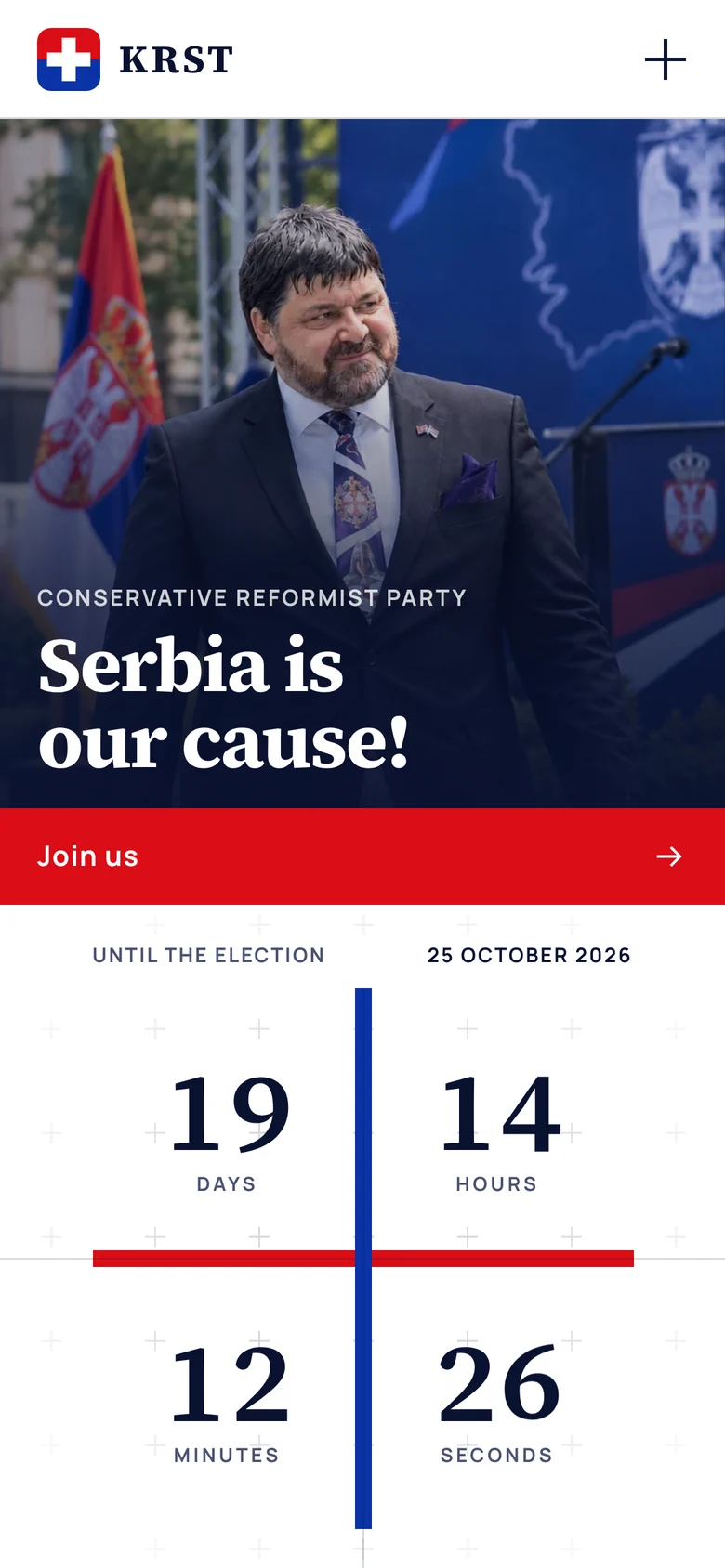 Mobile home page with a full-width Join us bar above the countdown