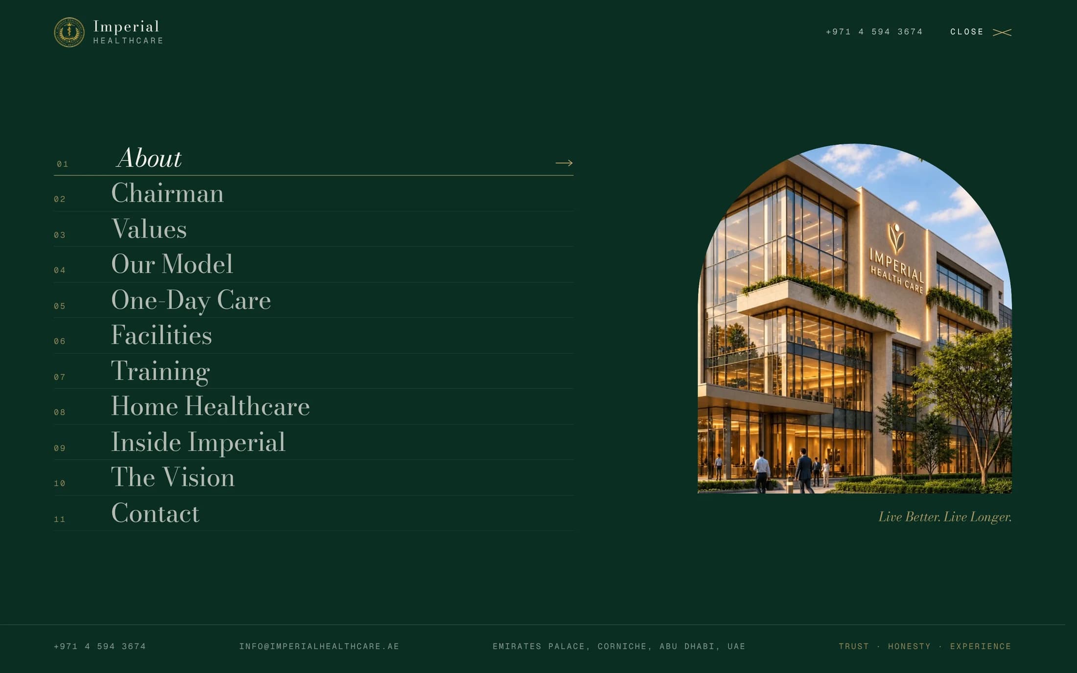 Full-screen menu with eleven numbered entries and an arched photograph