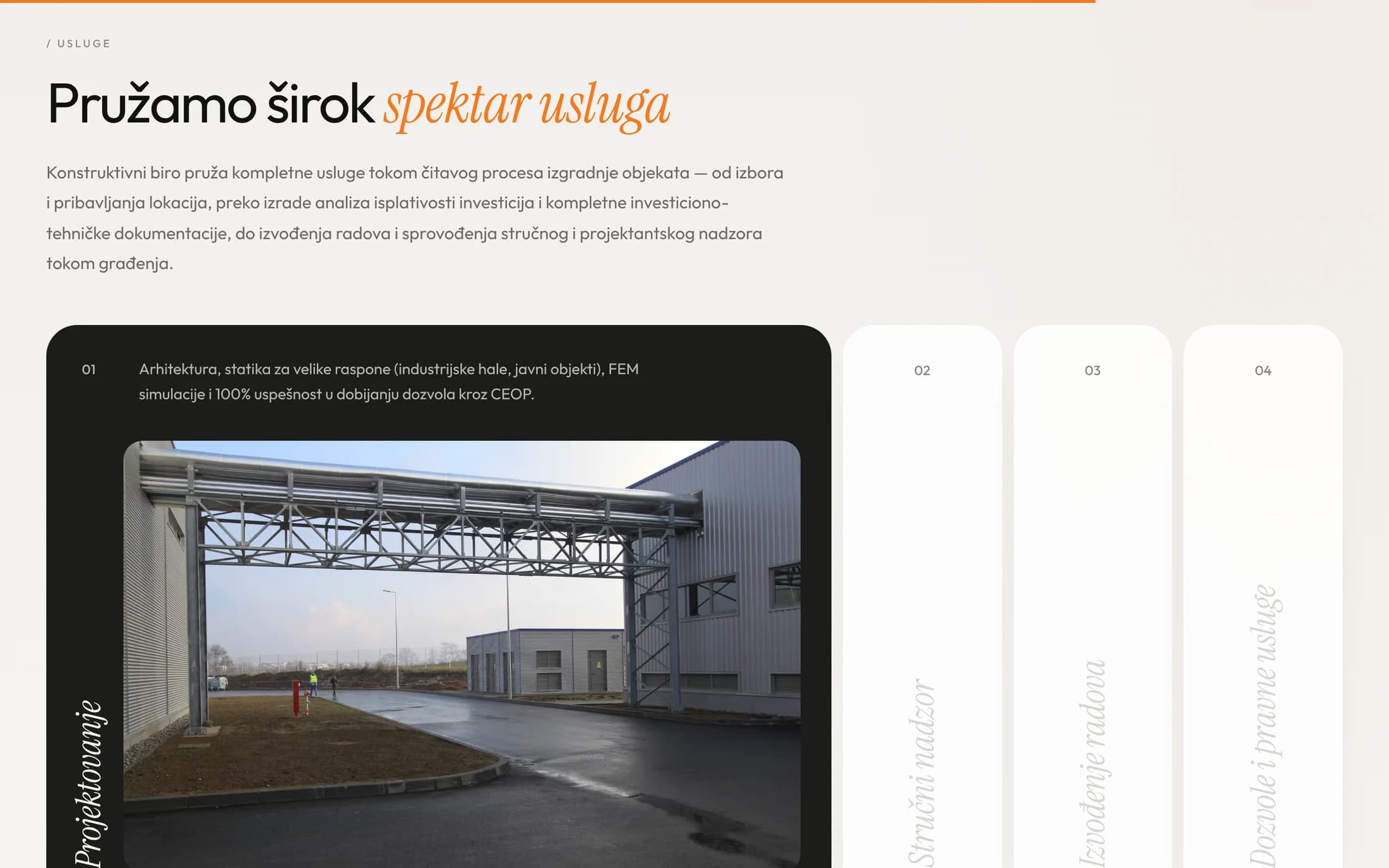 Services accordion with the card “Projektovanje” open